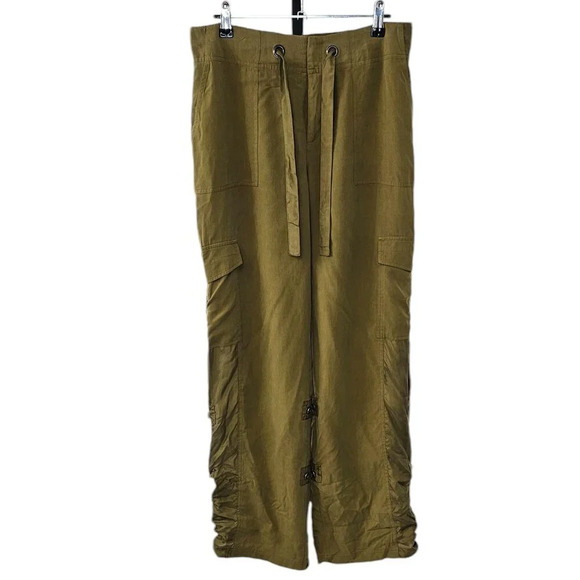GO SILK Cargo Jogger Pant 100% Silk Size Small Olive Green Pockets Adjustable - Picture 1 of 9